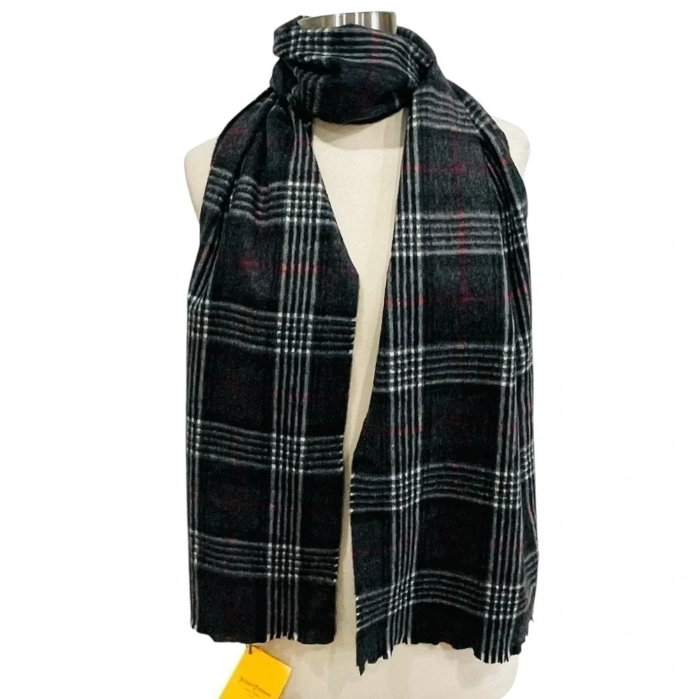 Hickey Freeman Mens 100% Cashmere Scarf Black Gray Red Plaid Check NWT $125